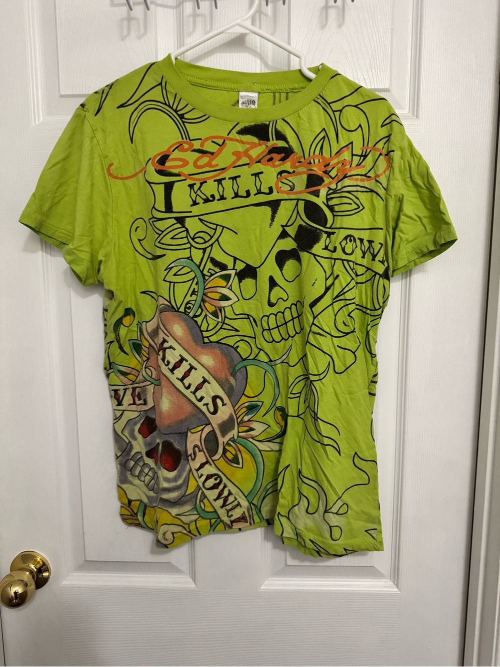 Ed Hardy Y2K Lime Green Tattoo Skull Tee with Multicolor Heart